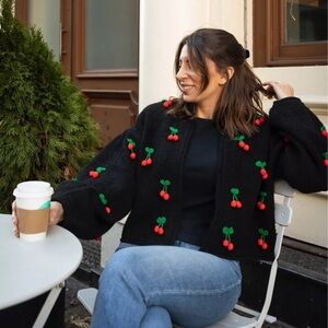 FARM RIO Crochet Cherry Black Cardigan S
